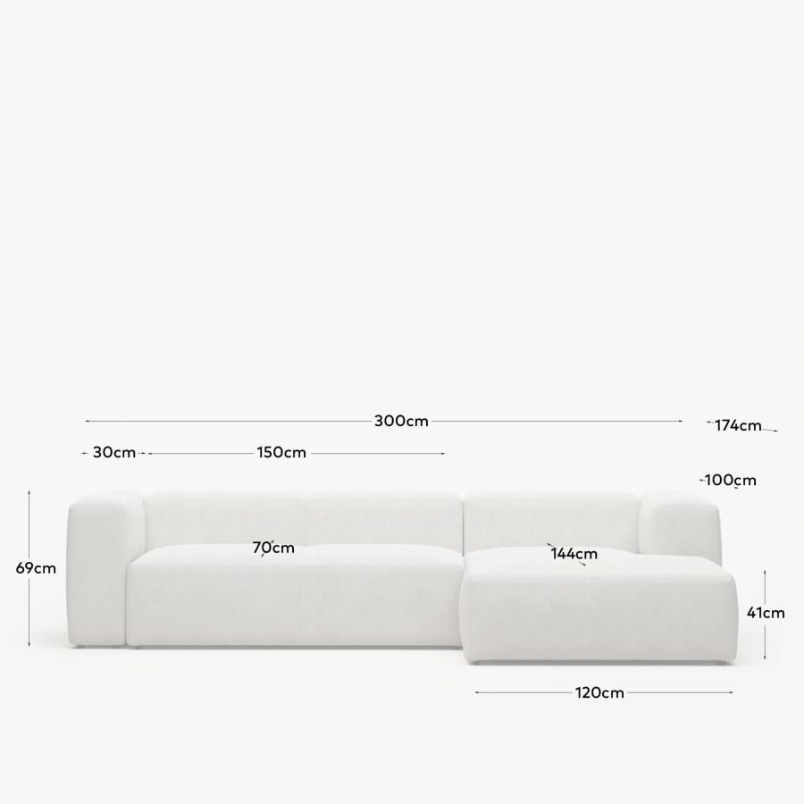 Blok fire-retardant white bouclé 3-seater sofa with right chaise longue 300cm FSC Mix Credit