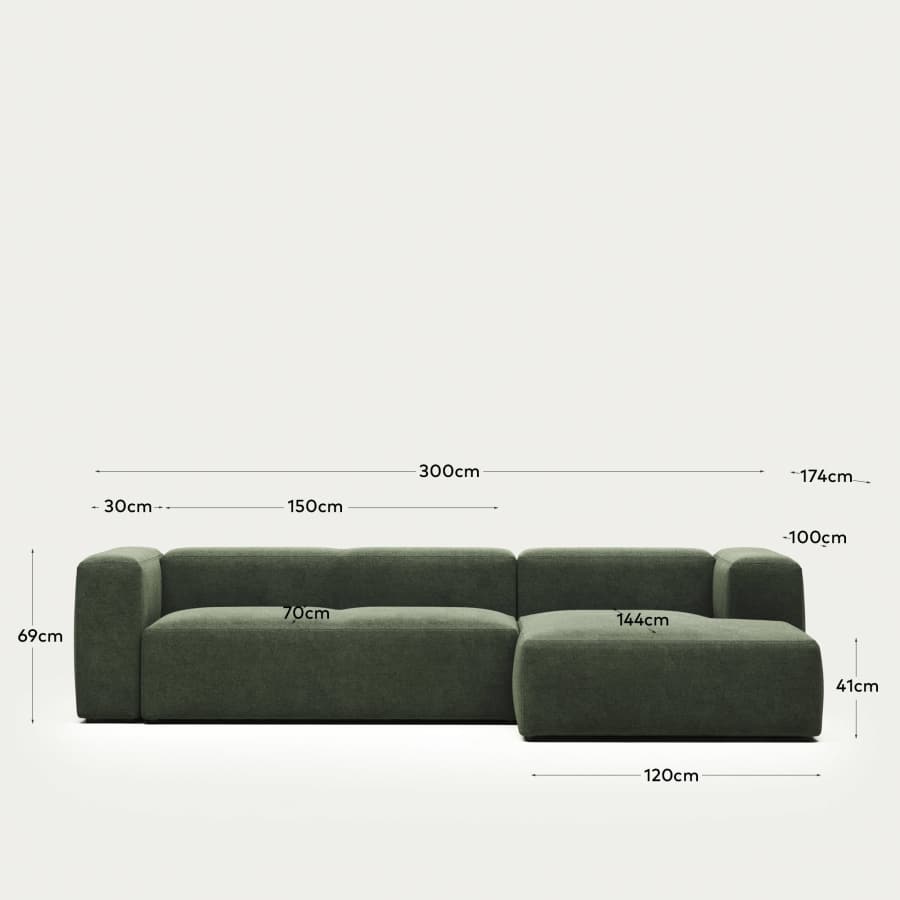 Blok fire-retardant 3-seater sofa with right chaise longue in green chenille 300cm