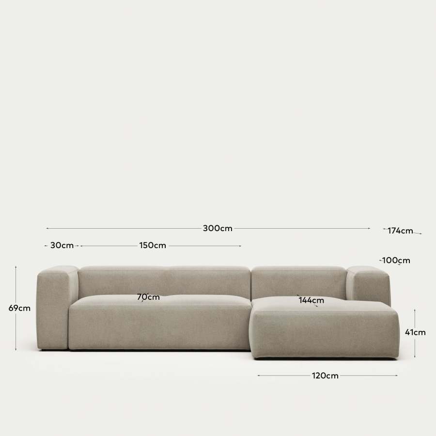Blok fire-retardant 3-seater sofa with right chaise longue in beige chenille 300cm