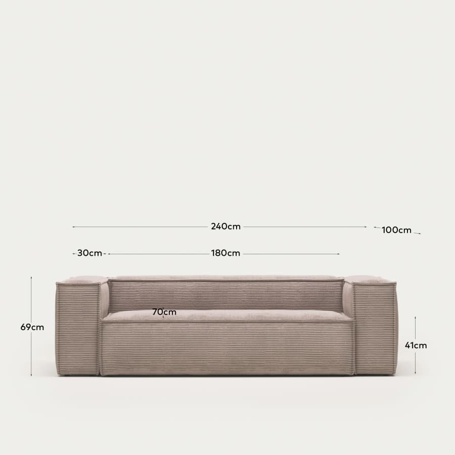 Blok 3 seater sofa in pink corduroy, 240 cm FR
