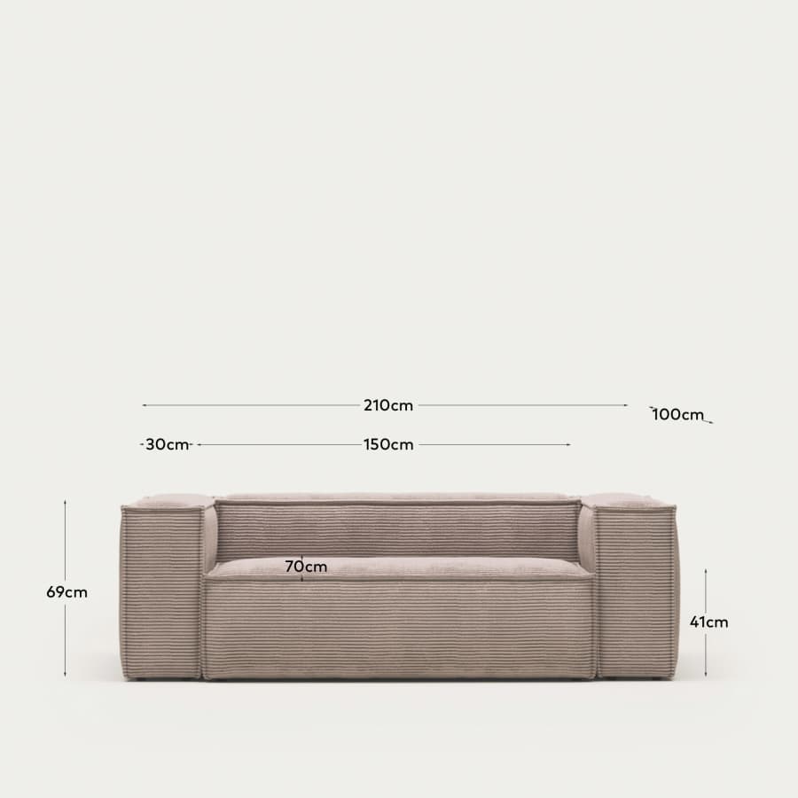 Blok fire-retardant 2-seater sofa in thick pink corduroy 210cm FSC Mix Credit