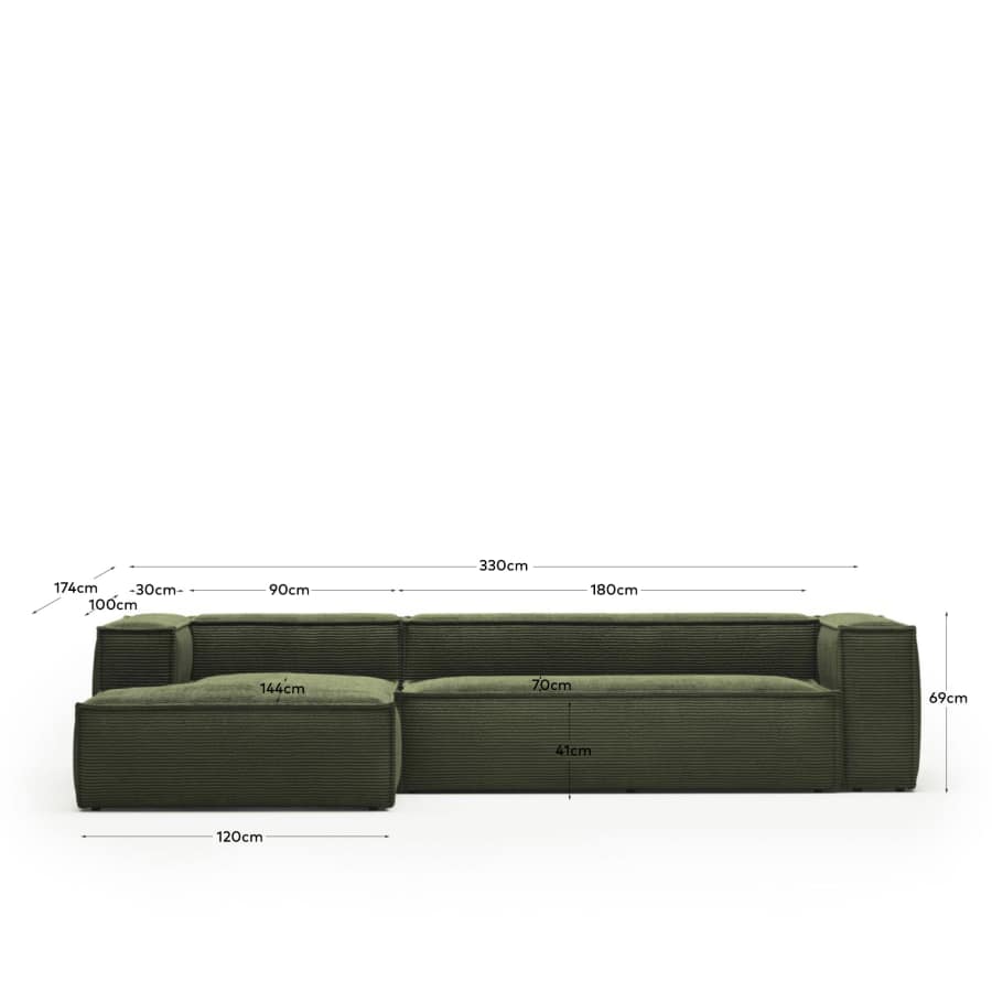 Blok fire-retardant 4-seater sofa with left chaise longue in thick green corduroy 330cm FSC Mix Credit