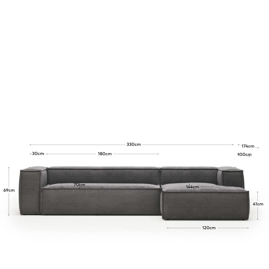 Blok 4 seater sofa with right side chaise longue in grey corduroy, 330 cm FR