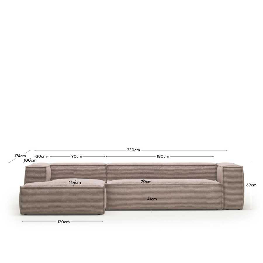 Blok 4 seater sofa with left side chaise longue in pink corduroy, 330 cm FR