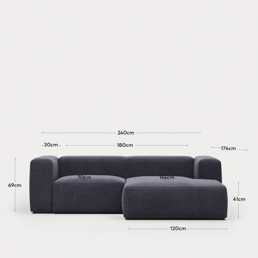 Blok fire-retardant 2-seater sofa with right chaise longue in blue chenille 240cm