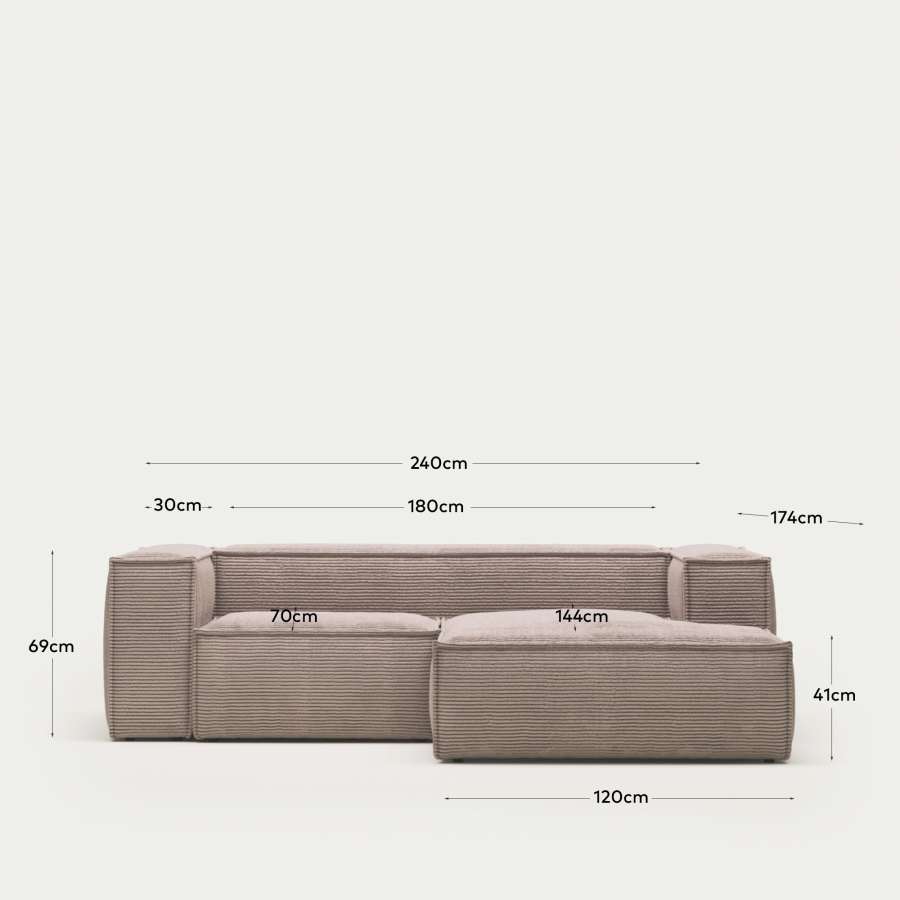 Blok fire-retardant 2-seater sofa with right chaise longue in thick pink corduroy 240cm FSC Mix Credit