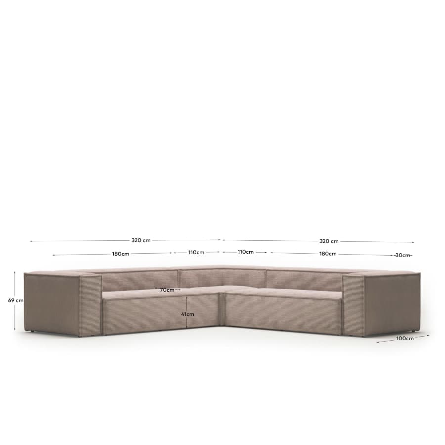 Blok 6 seater corner sofa in pink corduroy, 320 x 320 cm FR