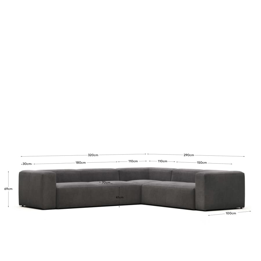 Blok 5 seater corner sofa in grey, 320 x 290 cm / 290 x 320 cm FR