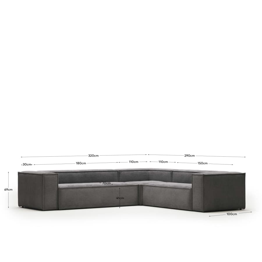Blok 5 seater corner sofa in grey wide seam corduroy, 320 x 290 cm / 290 x 320 cm FR