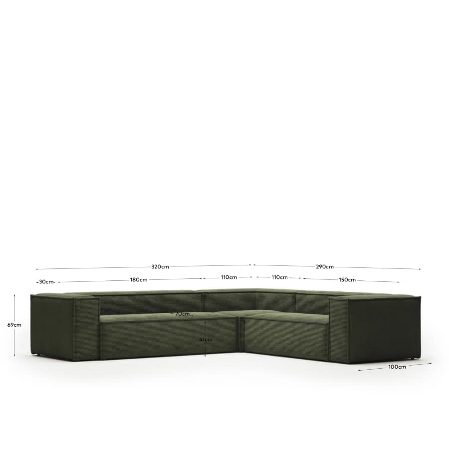 Blok fire-retardant 5-seater corner sofa in thick green corduroy 320 x 290cm/290 x 320cm FSC Mix Credit