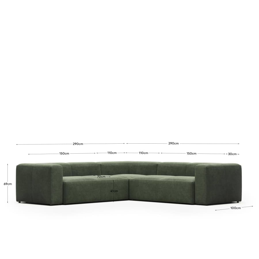 Blok fire-retardant 4-seater corner sofa in green chenille 290 x 290cm