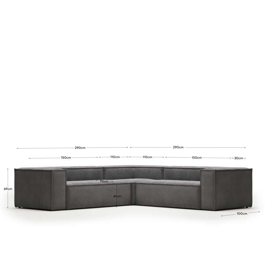 Blok 4 seater corner sofa in grey corduroy, 290 x 290 cm FR