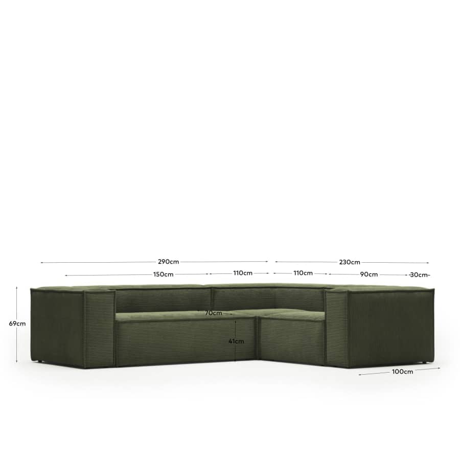Blok fire-retardant 3-seater corner sofa in thick green corduroy 290 x 230cm/230 x 290cm FSC Mix Credit