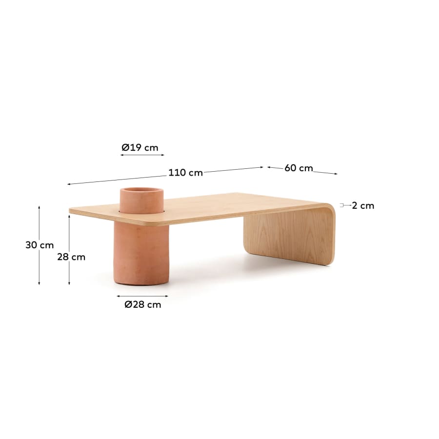 Olaria terracotta coffee table with an oak veneer in a natural