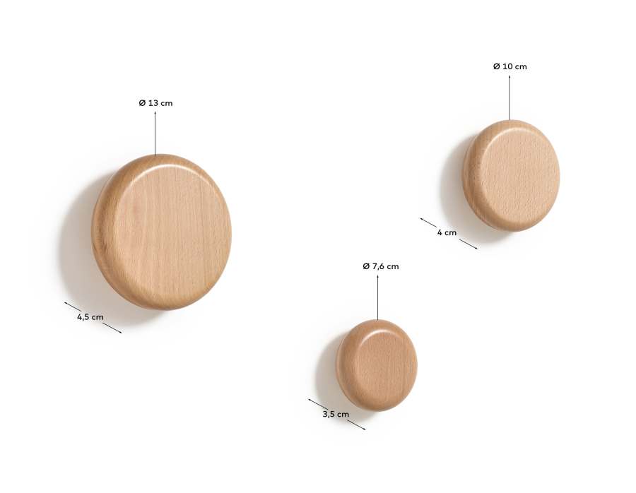 Nadue set of 3 solid beech wood wall hooks with a natural finish