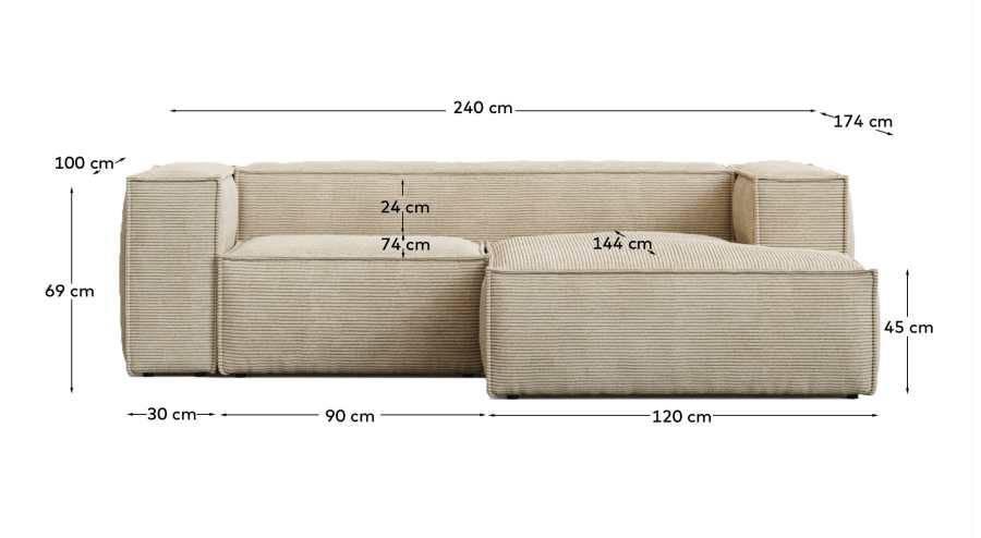 Blok fire-retardant 2-seater sofa with right chaise longue in thick ecru corduroy 240cm FSC Mix Credit