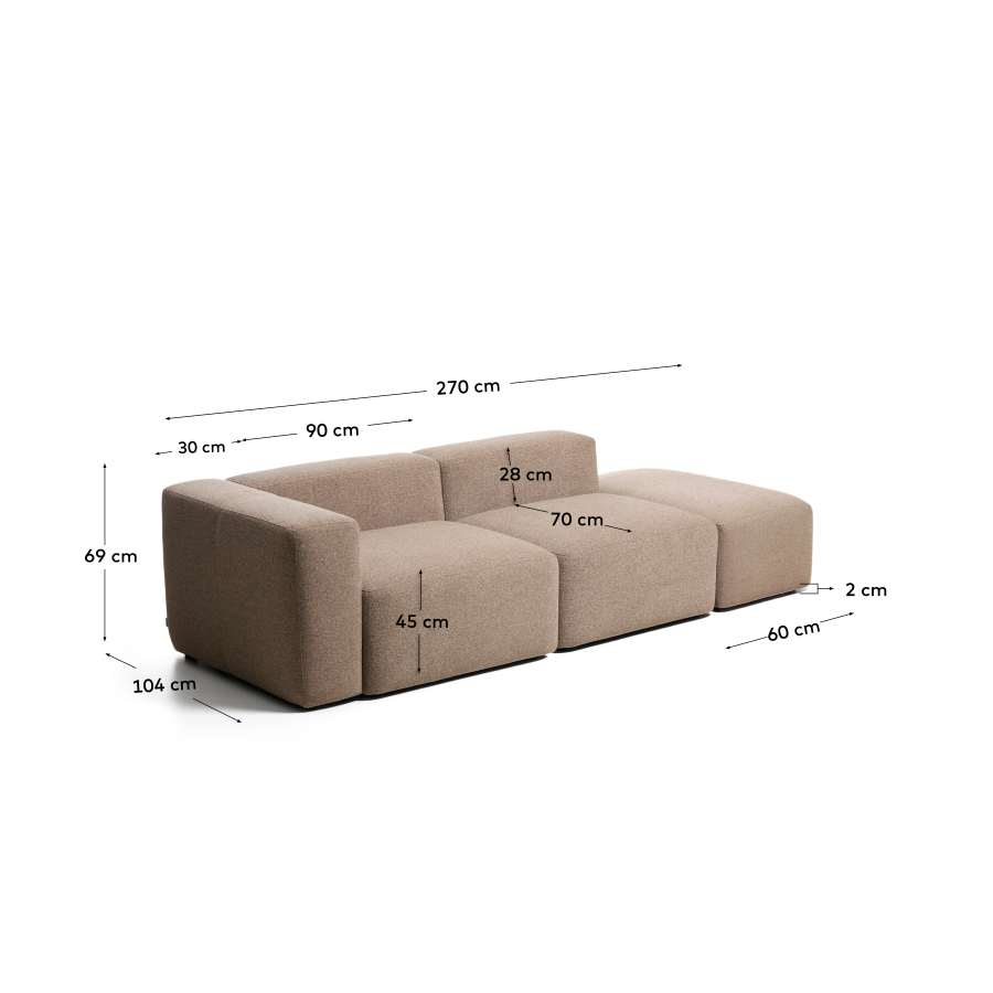 Blok 3-seater sofa with right armrest and end pouffe in brown chenille 270cm FSC Mix Credit