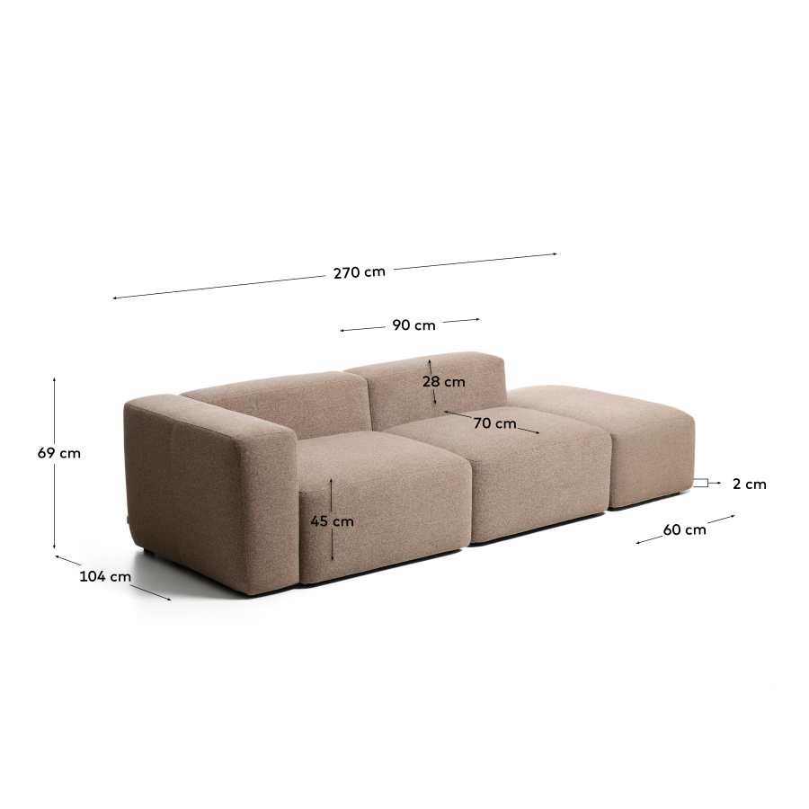 Blok 3-seater sofa with left armrest and end pouffe in brown chenille 270cm FSC Mix Credit