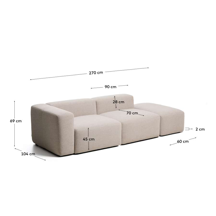 Blok 3-seater sofa with left armrest and end pouffe in beige chenille 270cm FSC Mix Credit