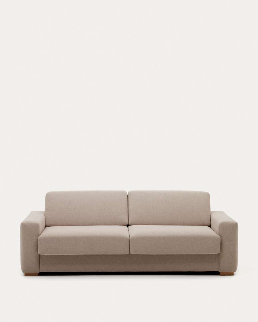Canapé Anley beige vu de face sur fond clair, assise à deux coussins et pieds en bois.