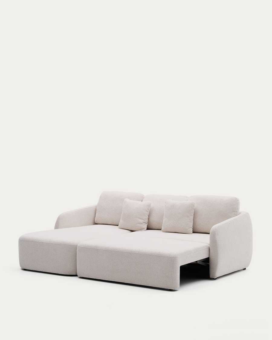 Canapé Laira ouvert en couchage, assise tirée vers l'avant, sans matelas distinct, vue en profil.