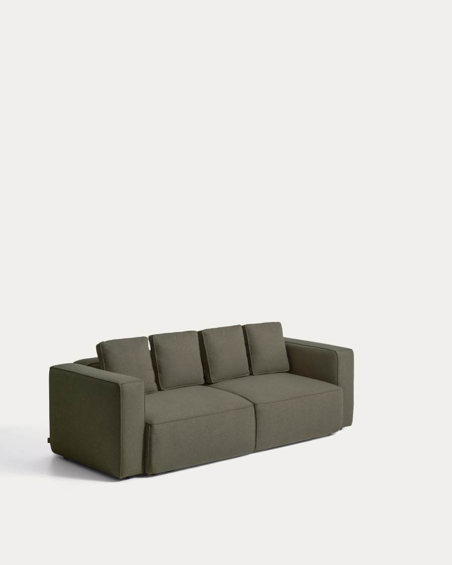 Canapé Marela vert kaki trois places vu de trois quarts, sans méridienne, fond blanc.
