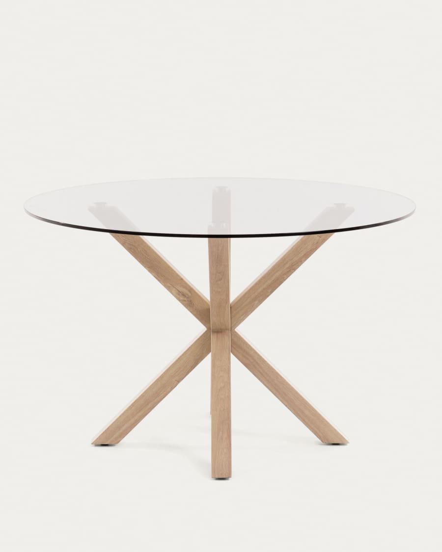 Argo round glass table with steel legs with wood-effect finish Ø 119 cm