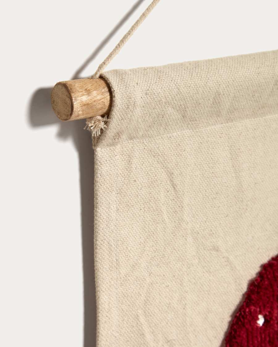 Amarantha 100% cotton wall hanging with red strawberry and tassels in white, 40 x 40 cm