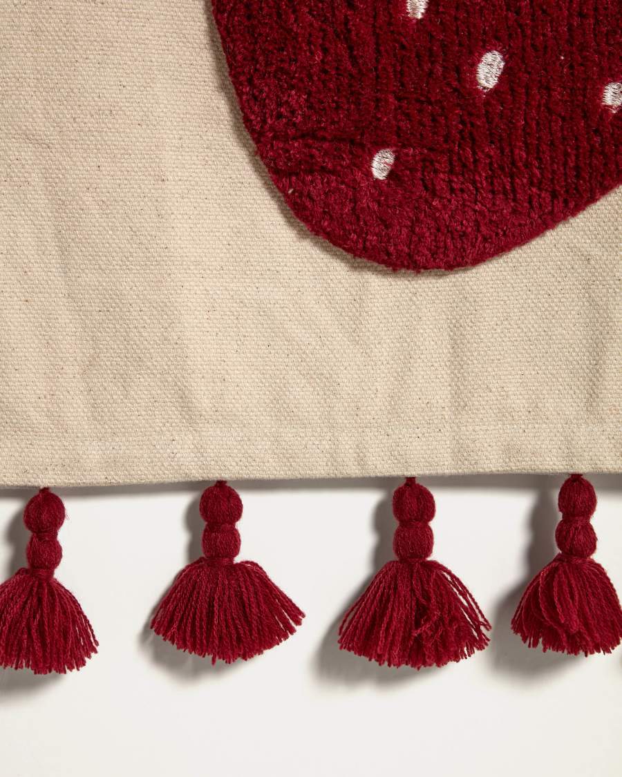 Amarantha 100% cotton wall hanging with red strawberry and tassels in white, 40 x 40 cm