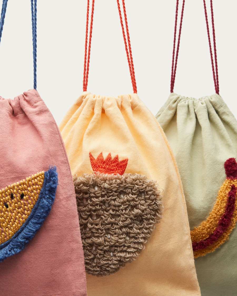 Amarantha set of 3 100% multicolour cotton afternoon snack bags with fruit prints