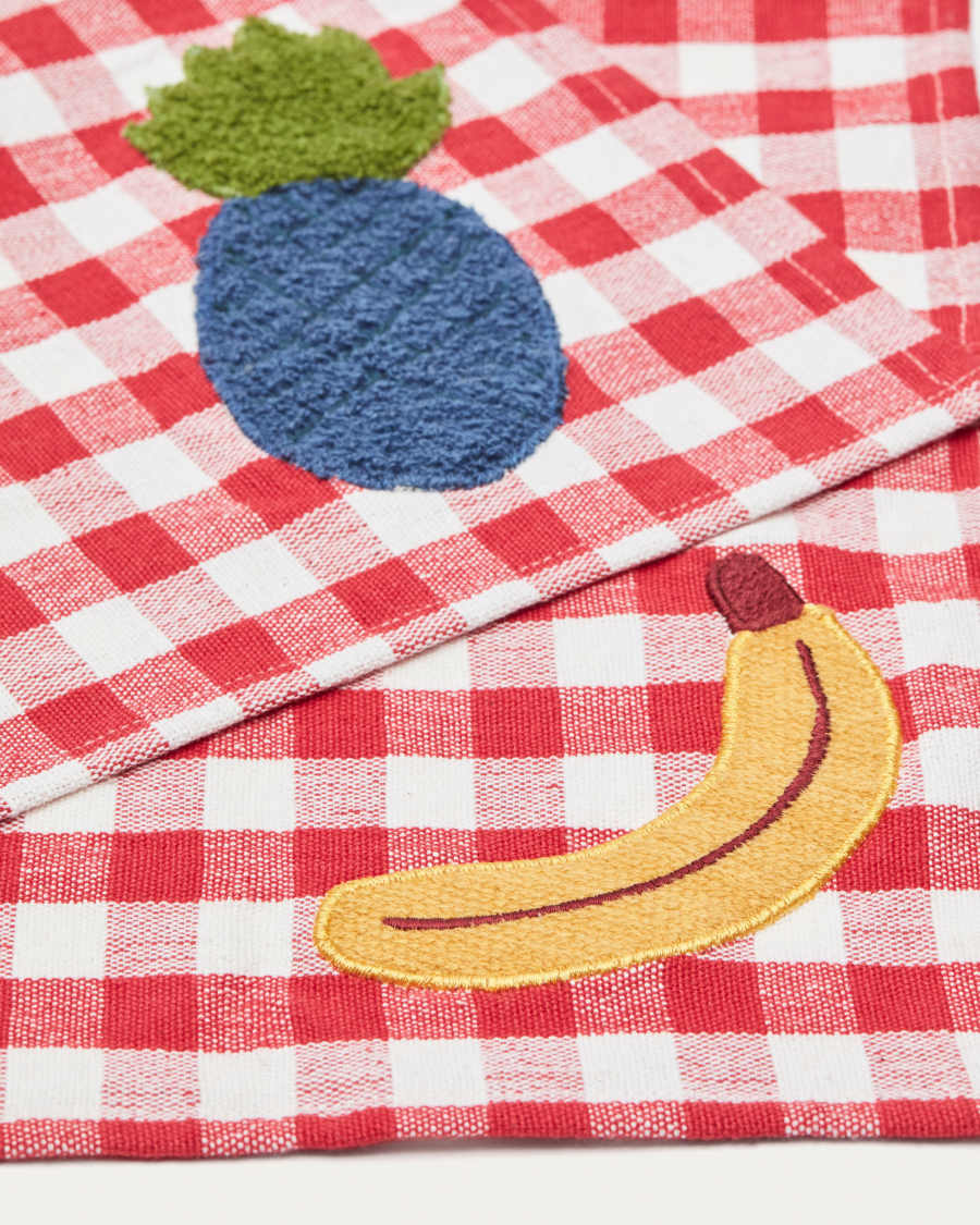 Naunet Set aus 2 Tischsets rot-weiß kariert, Obstdetail 100% Baumwolle