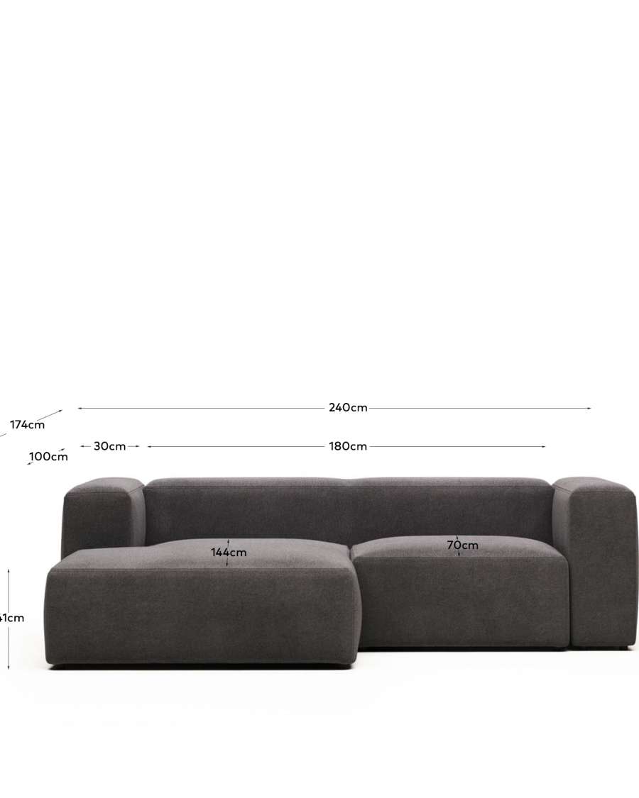 Blok 2 seater sofa with left side chaise longue in grey, 240 cm FR