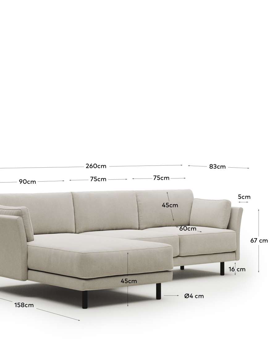 Gilma 3 seater sofa with left/right chaise in white fleece, black finish legs, 260 cm FR