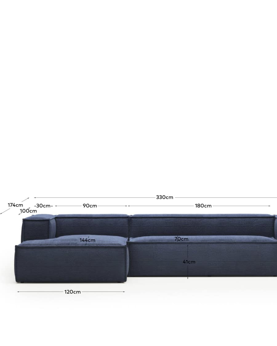 Blok 4 seater sofa with left side chaise longue in blue, 330 cm FR