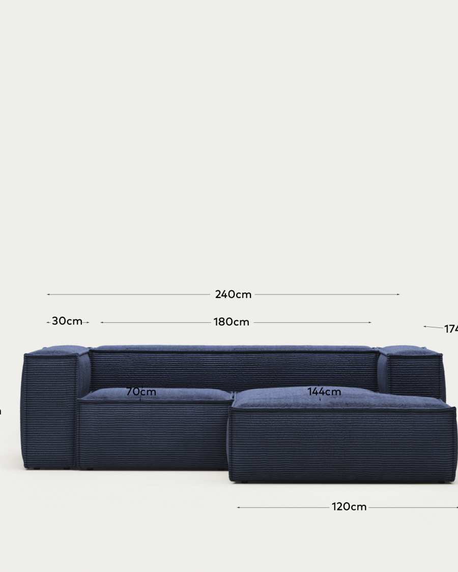 Blok 2 seater sofa with right side chaise longue in dark blue, 240 cm FR