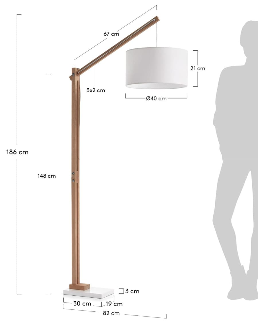 Riaz floor lamp in solid beech wood with white lampshade, UK adaptor
