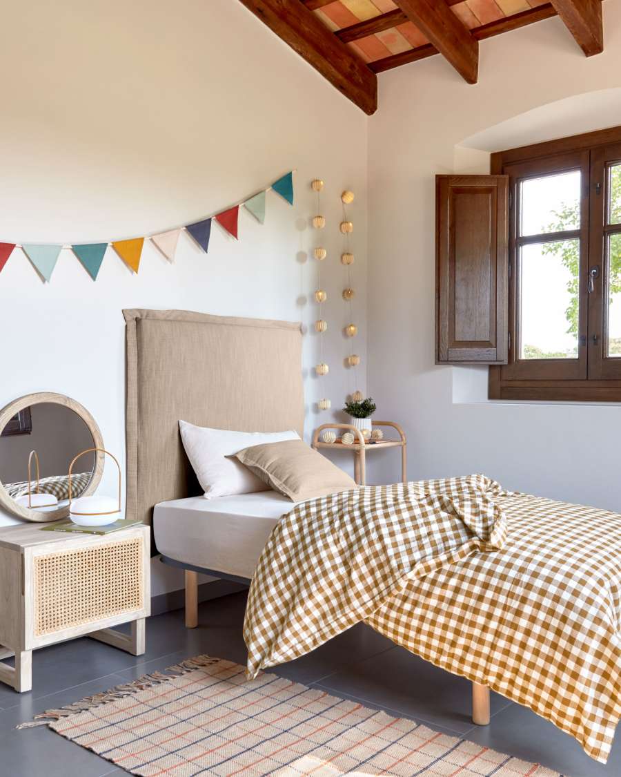 Tanit headboard with removable beige linen cover for a bed up to 90 cm