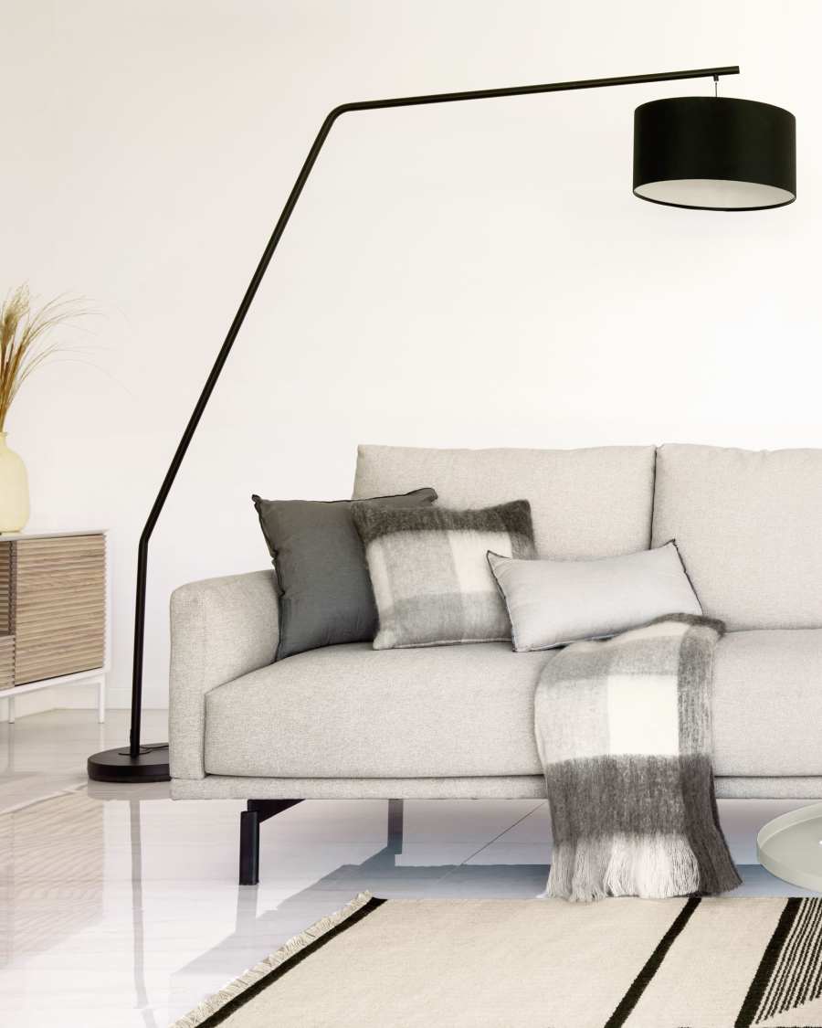 Ciana floor lamp in black finished metal with a cotton lampshade UK adapter