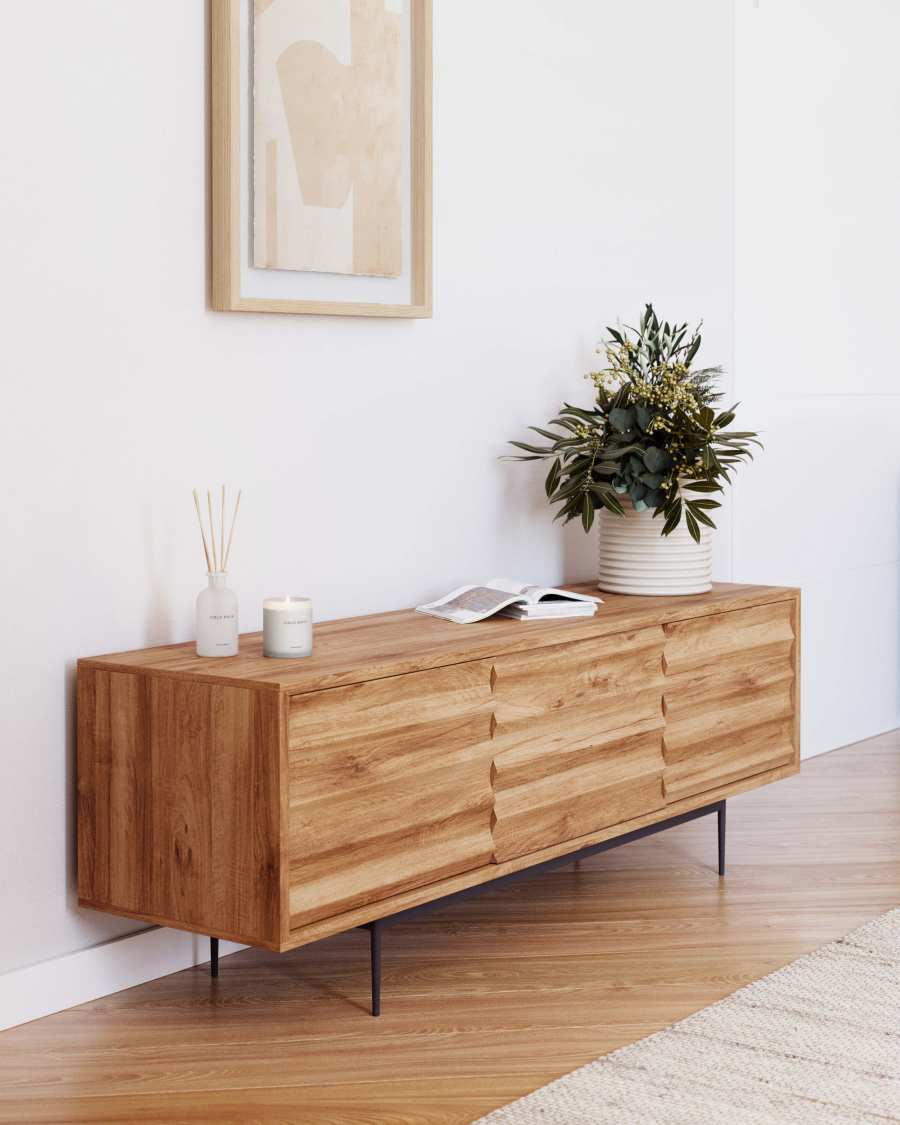 Delsie solid acacia wood 3 door TV stand with black finish steel, 147 x 50 cm