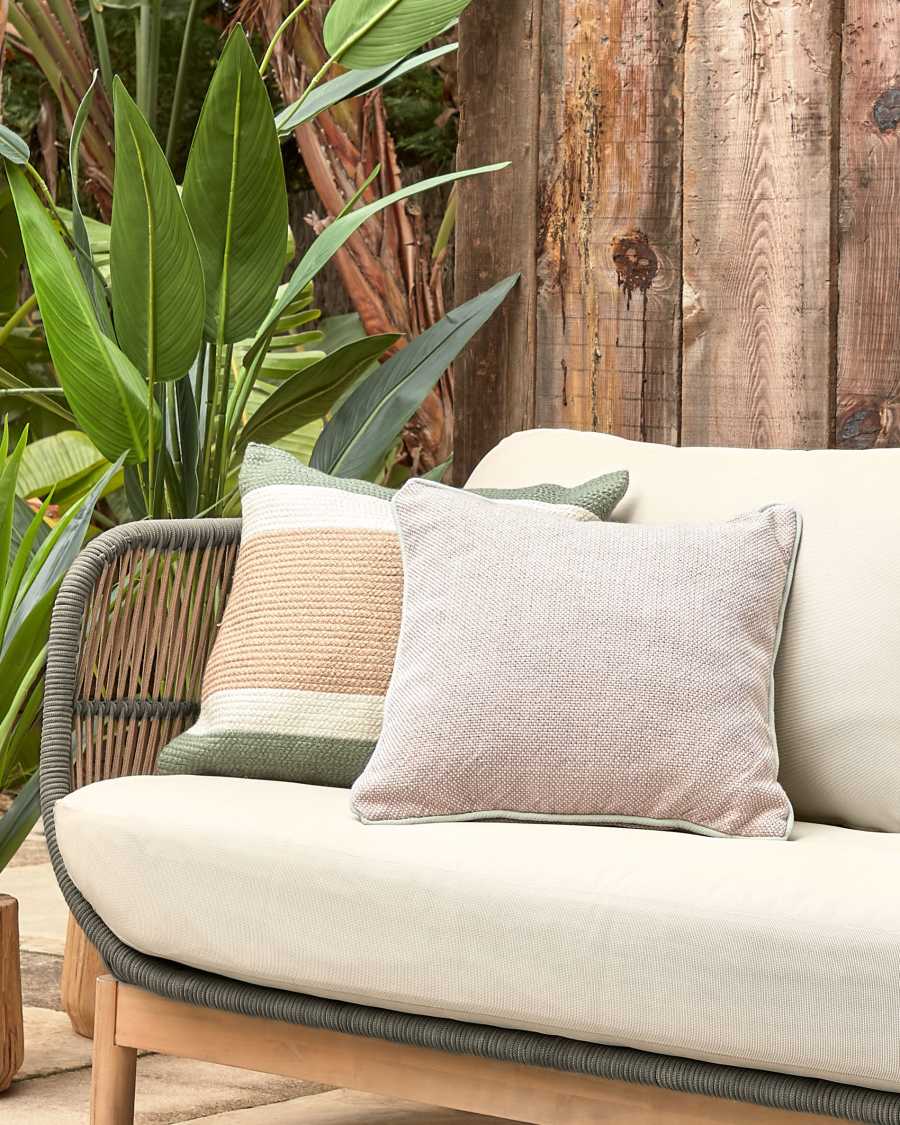 Κάλυμμα μαξιλαριού εξωτερικού χώρου Dalila, μπεζ PET με πράσινο ρέλι, 45x45εκ