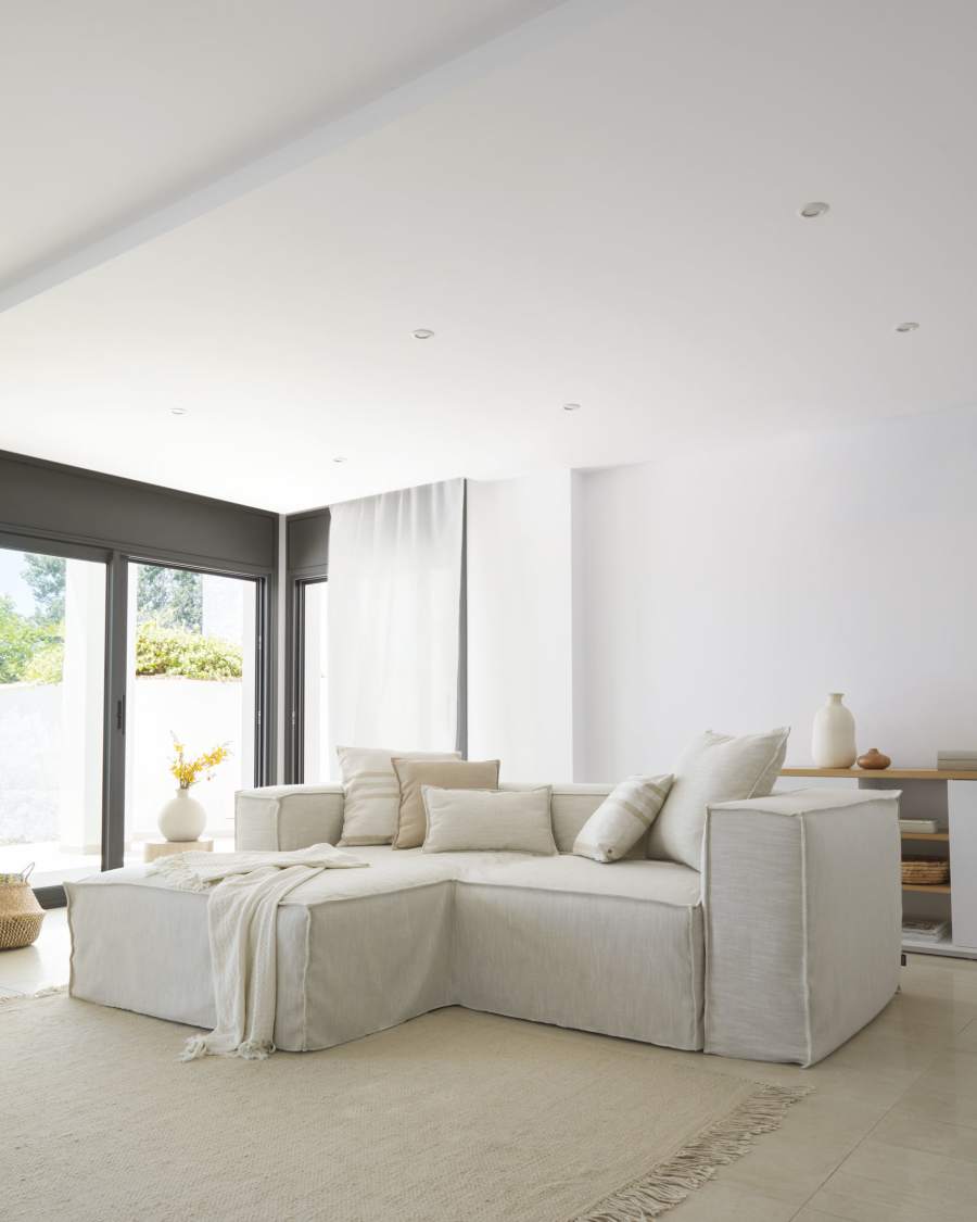 Blok 2 seater sofa with left-hand chaise longue & removable covers in white linen, 240 cm