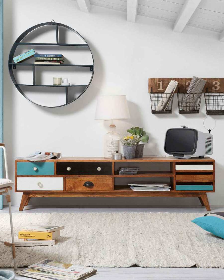 Conrad solid mango wood TV stand with 7 drawers, multicolour and natural finish, 160 x 41 cm