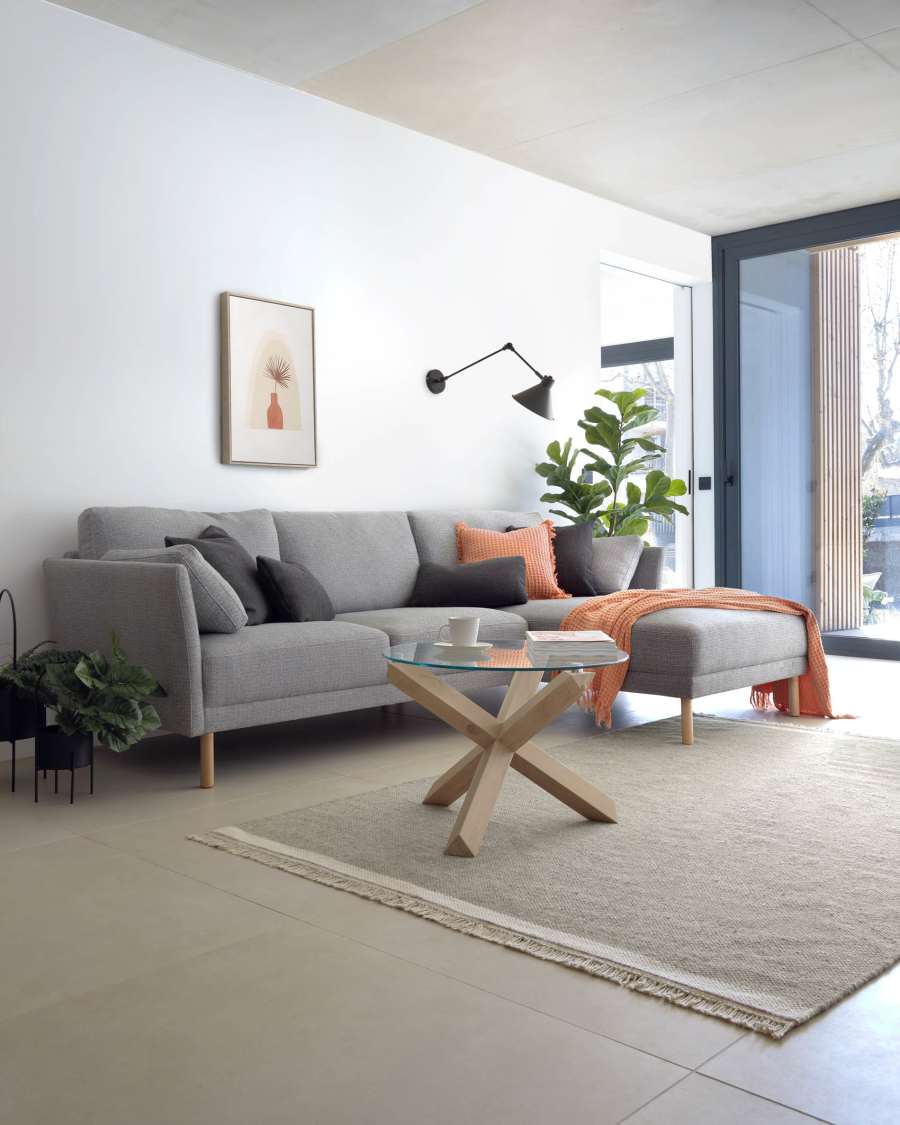 Gilma 3 seater with right/left-hand chaise longue, light grey, natural wood legs, 260 cm