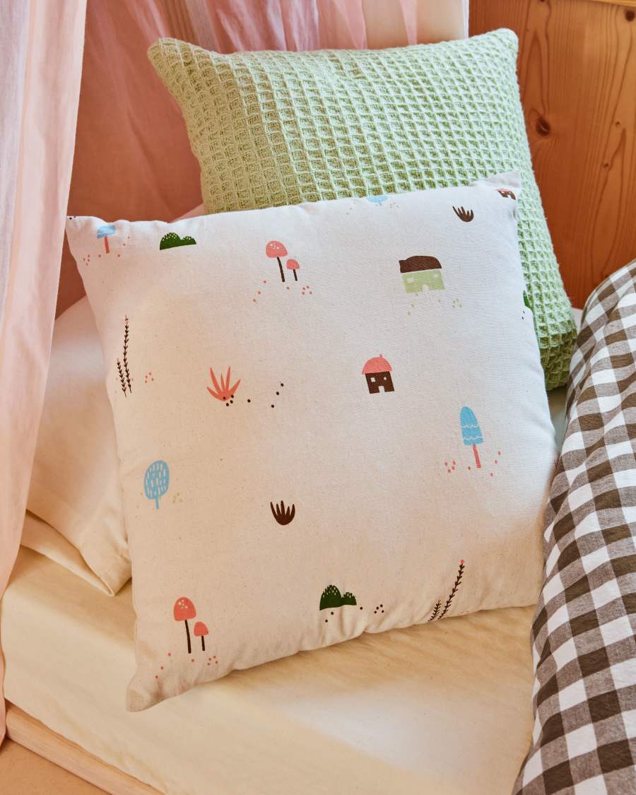 Κάλυμμα μαξιλαριού Llaru με χρωματιστά μανιτάρια, 100% βαμβάκι, λευκό, 45 x 45 εκ