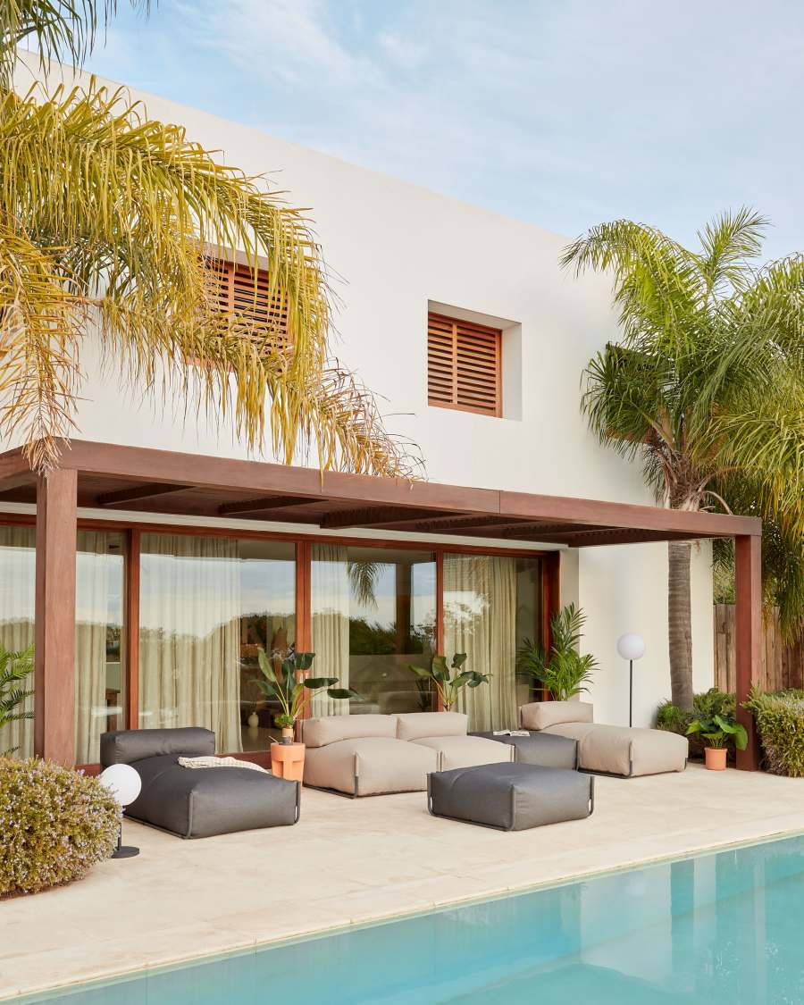 Square modular 100% outdoor sofa pouffe w/ backrest, green with black aluminium, 101x101cm