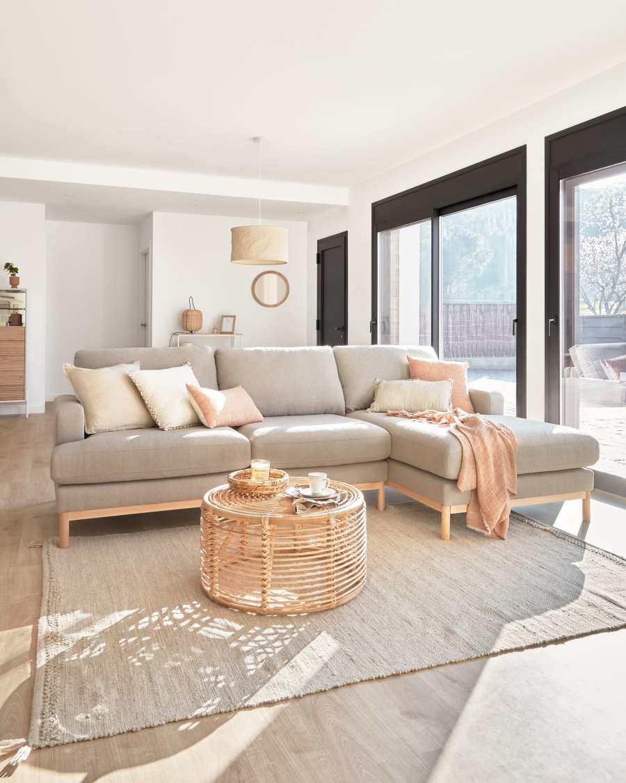 Sofa Mihaela für 3 Sitzer mit Chaise Longue rechts mit Mikro-Bouclé-Bezug in Grau 264 cm FSC Mix Credit