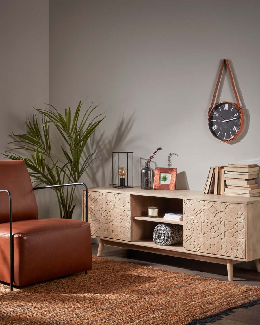 Έπιπλο τηλεόρασης Seleb, 2 πόρτες σε μασίφ ξύλο μάνγκο, 160x56εκ