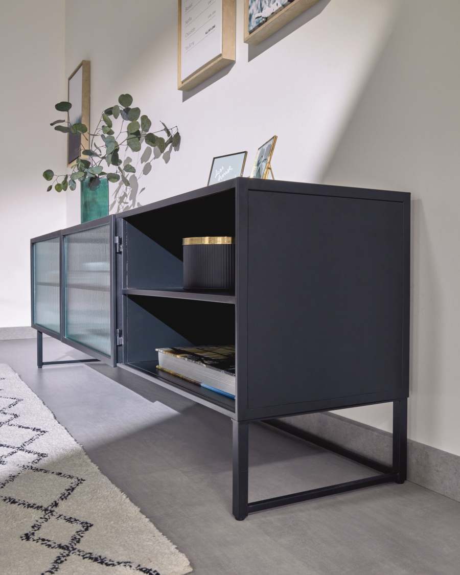 Trixie steel TV stand with 2 doors in a black painted finish, 180 x 50 cm