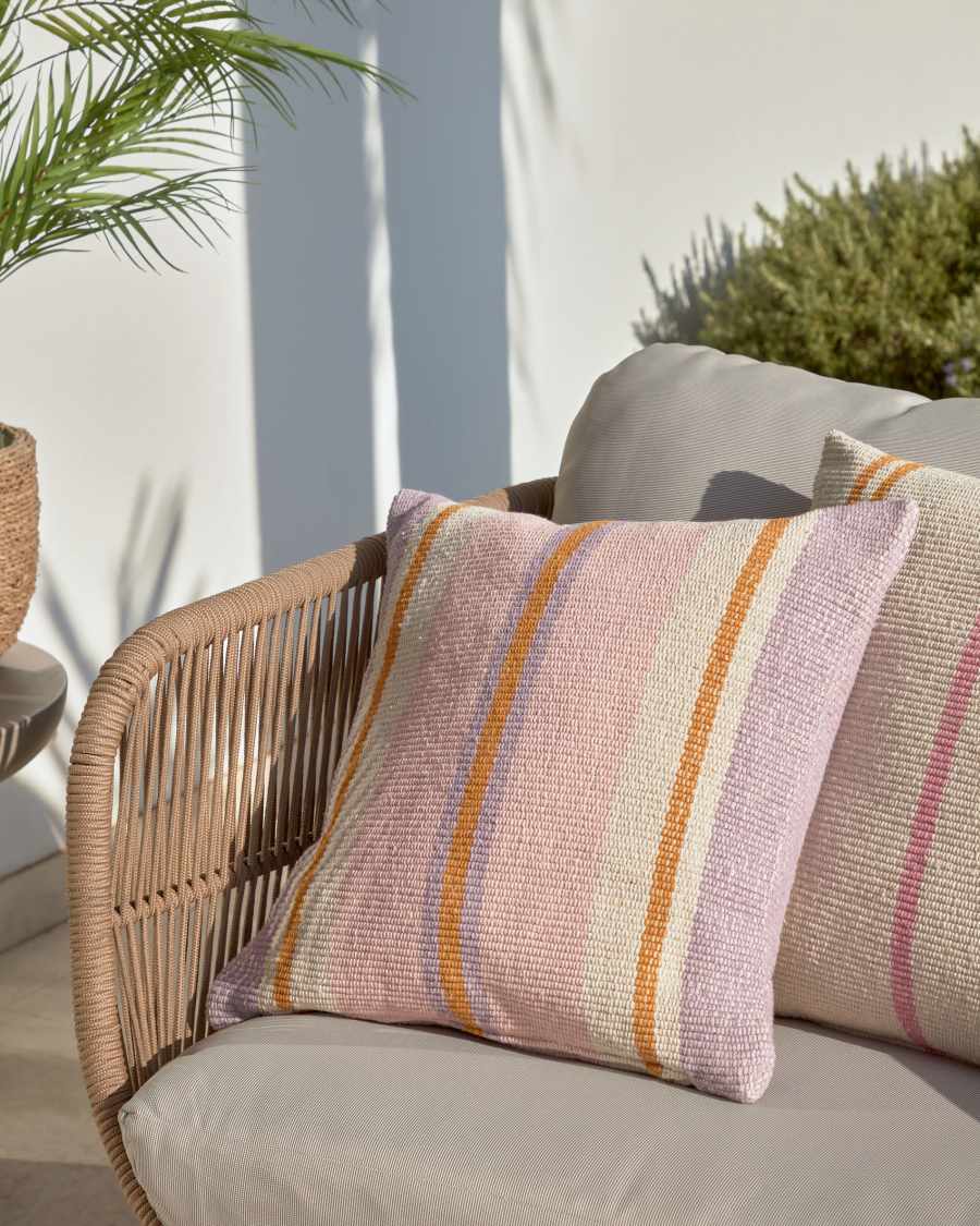 Κάλυμμα μαξιλαριού Marilina, 100% βαμβακερό, μοβ με πολύχρωμες ρίγες, 45x45εκ