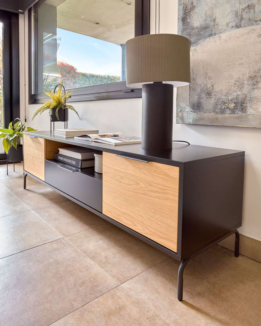 Savoi MDF TV stand with black lacquer & steel, 170 x 50 cm